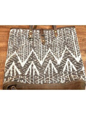 Myra Art On Canvas Tote Bag Shoulder Strap Upcycled Military Tent Rug Pattern